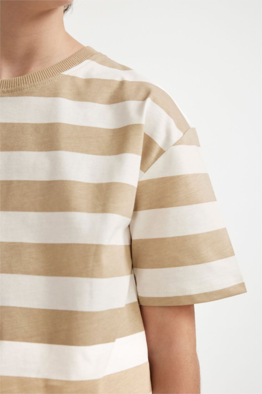 BOYS & TEENS Ecru Boy Oversize Fit Crew Neck Striped Patterned T-Shirt