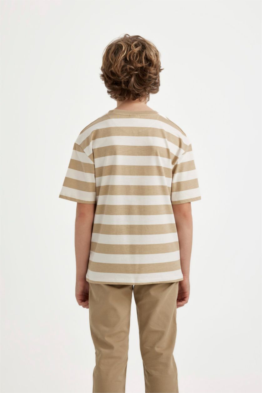 BOYS & TEENS Ecru Boy Oversize Fit Crew Neck Striped Patterned T-Shirt