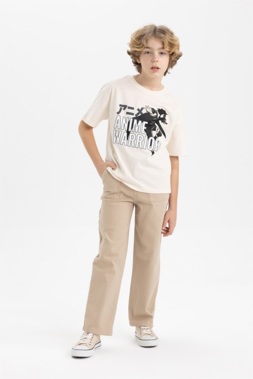 Erkek Çocuk - Genç Erkek Ekru Oversize Geniş Kalıp Bisiklet Yaka Baskılı Kısa Kollu Tişört Erkek Çocuk