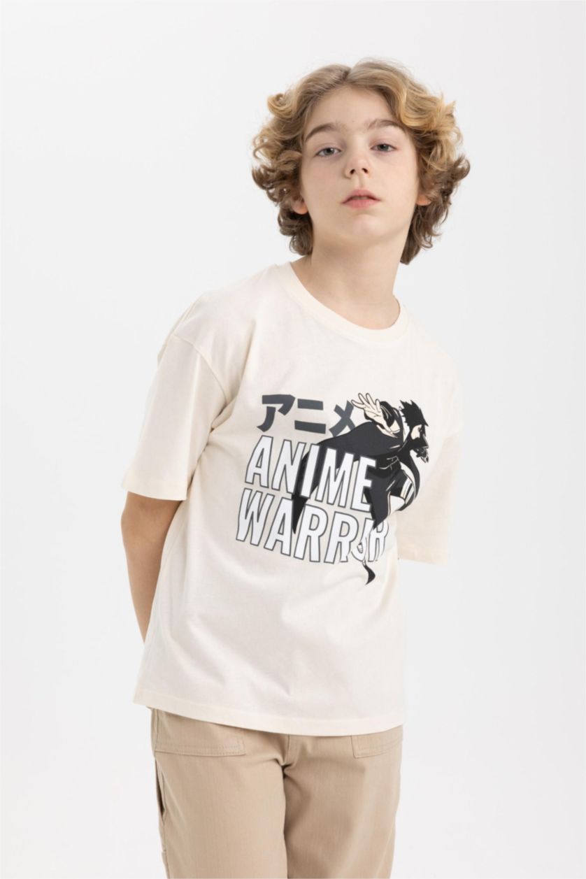 Erkek Çocuk - Genç Erkek Ekru Oversize Geniş Kalıp Bisiklet Yaka Baskılı Kısa Kollu Tişört Erkek Çocuk