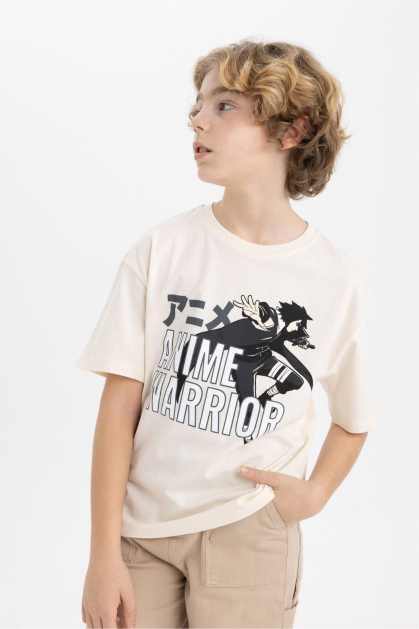 Erkek Çocuk - Genç Erkek Ekru Oversize Geniş Kalıp Bisiklet Yaka Baskılı Kısa Kollu Tişört Erkek Çocuk