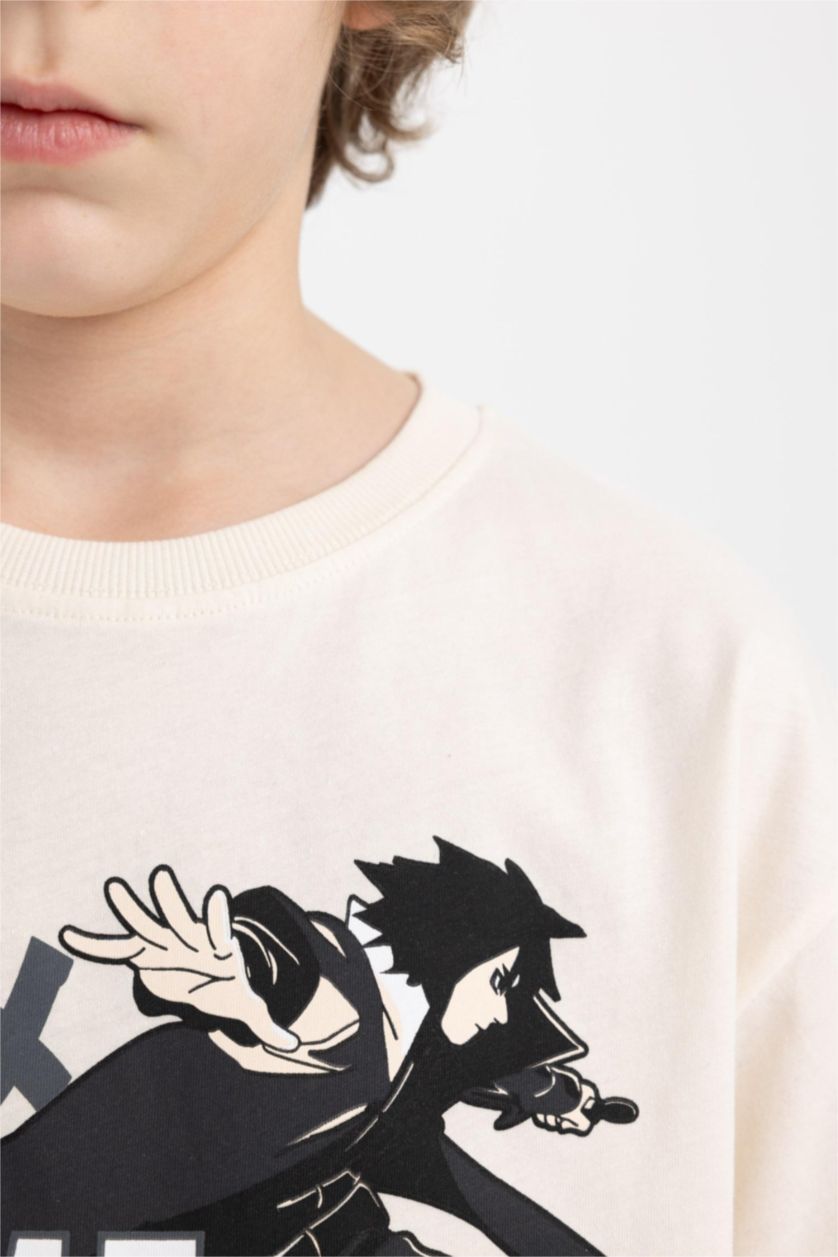 Erkek Çocuk - Genç Erkek Ekru Oversize Geniş Kalıp Bisiklet Yaka Baskılı Kısa Kollu Tişört Erkek Çocuk