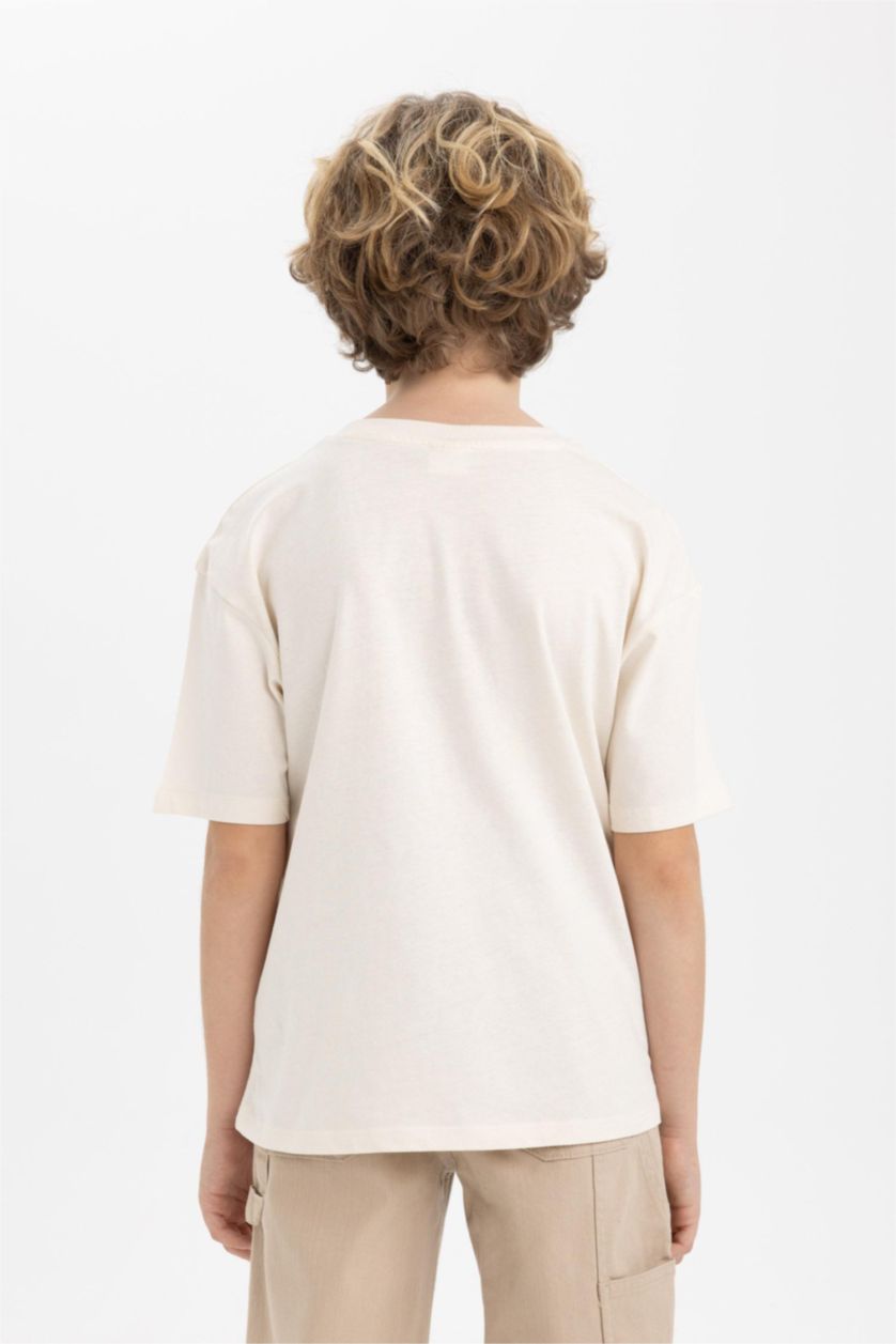 Erkek Çocuk - Genç Erkek Ekru Oversize Geniş Kalıp Bisiklet Yaka Baskılı Kısa Kollu Tişört Erkek Çocuk