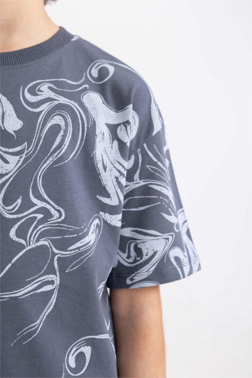 Boys & Teens Grey Boy Oversize Fit Crew Neck Printed Short Sleeve T-Shirt