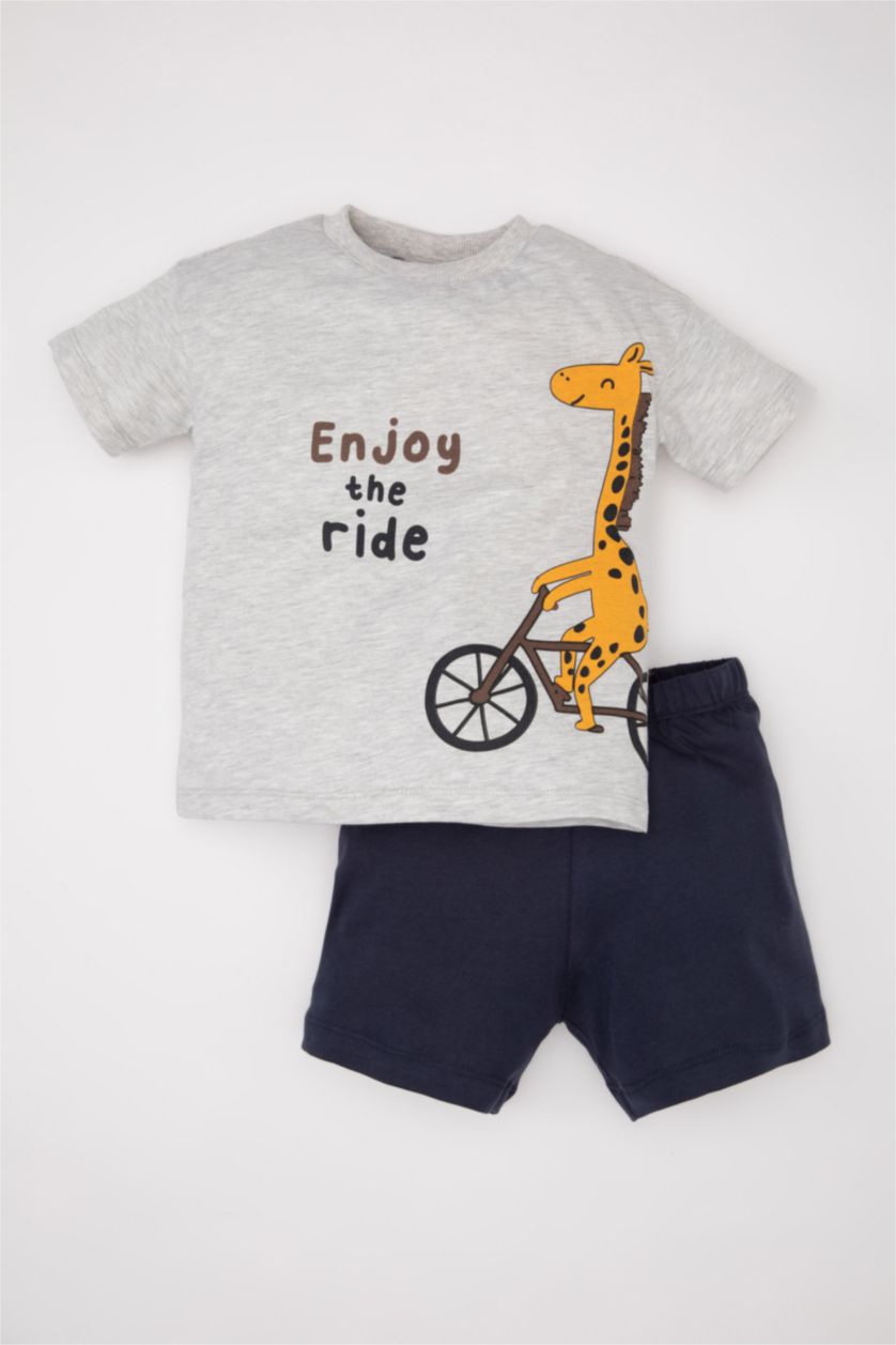 Erkek Bebek Açık Gri Melange Erkek Bebek 2'li Takım Bisiklet Yaka Baskılı Kısa Kollu Tişört Şort