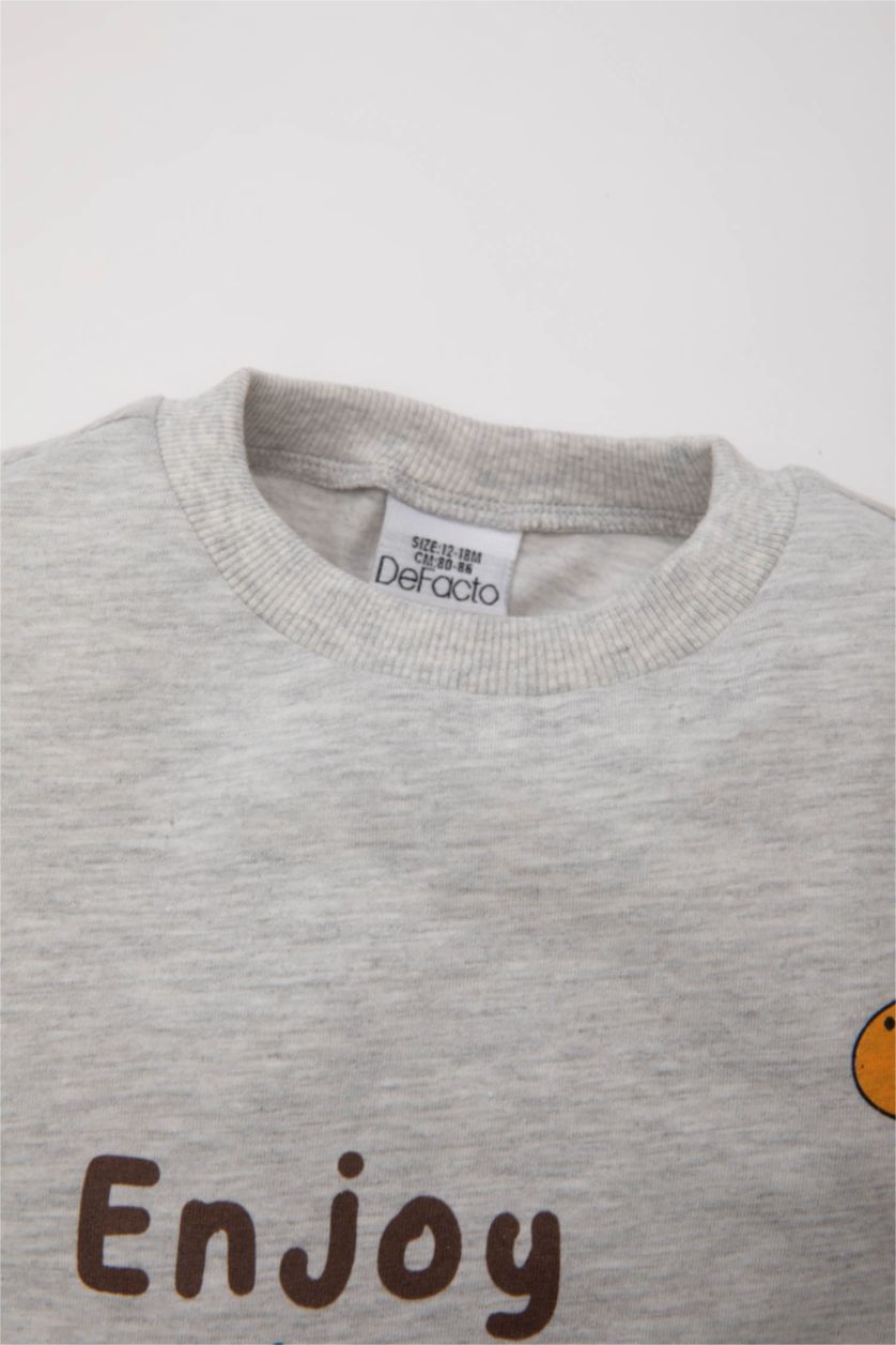 Erkek Bebek Açık Gri Melange Erkek Bebek 2'li Takım Bisiklet Yaka Baskılı Kısa Kollu Tişört Şort