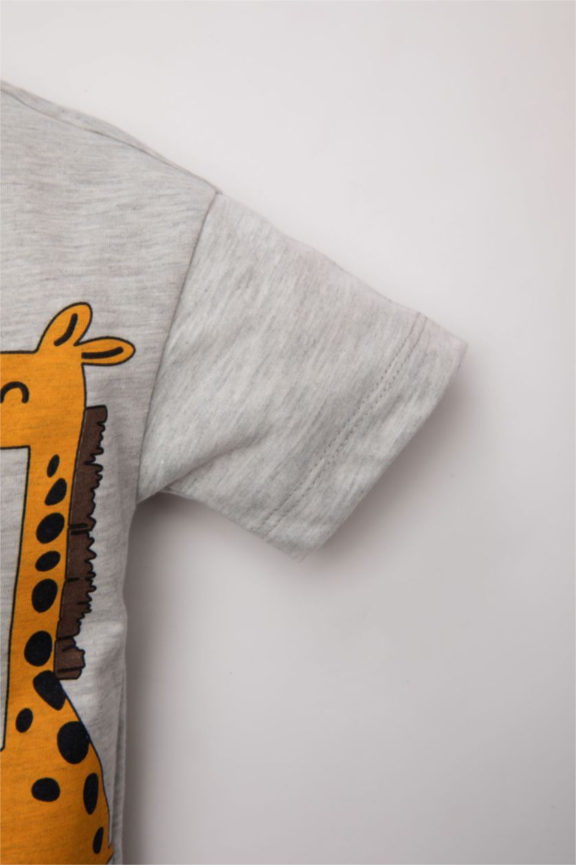 Erkek Bebek Açık Gri Melange Erkek Bebek 2'li Takım Bisiklet Yaka Baskılı Kısa Kollu Tişört Şort