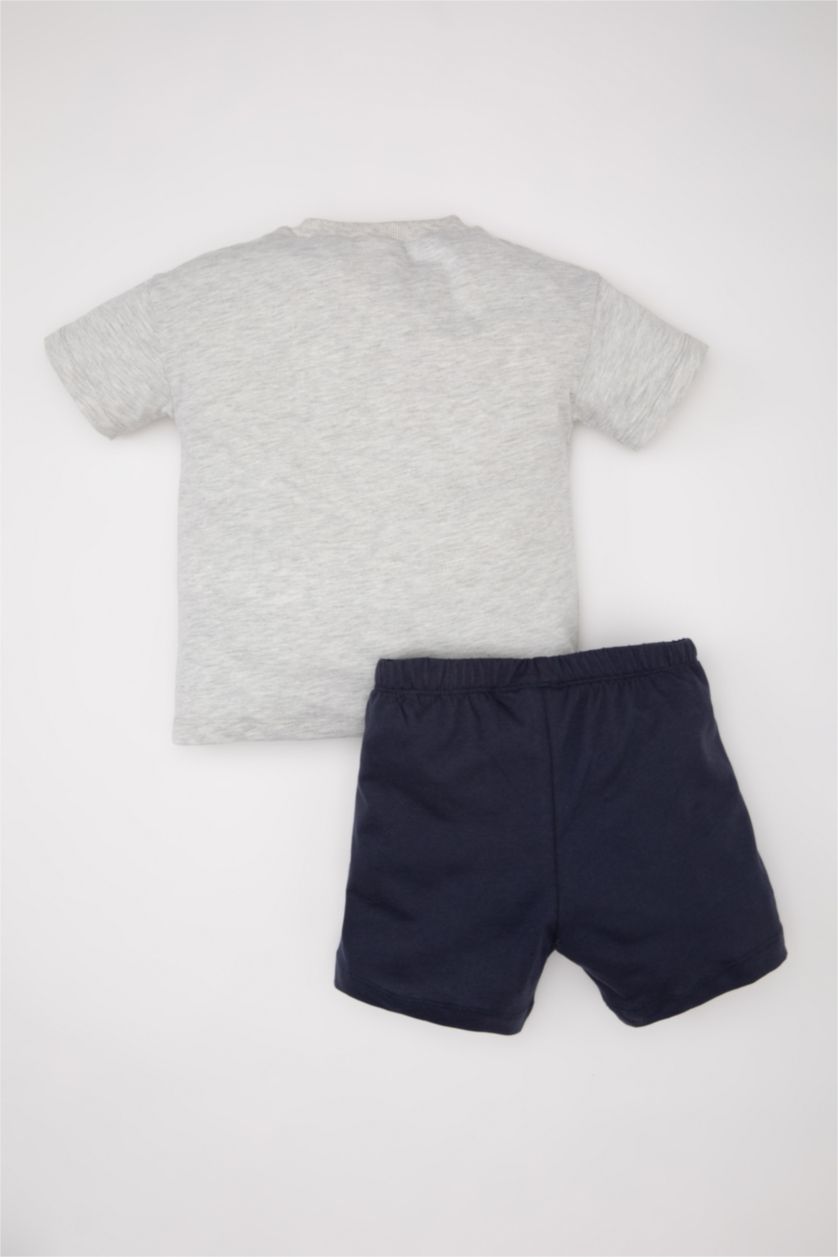 Erkek Bebek Açık Gri Melange Erkek Bebek 2'li Takım Bisiklet Yaka Baskılı Kısa Kollu Tişört Şort