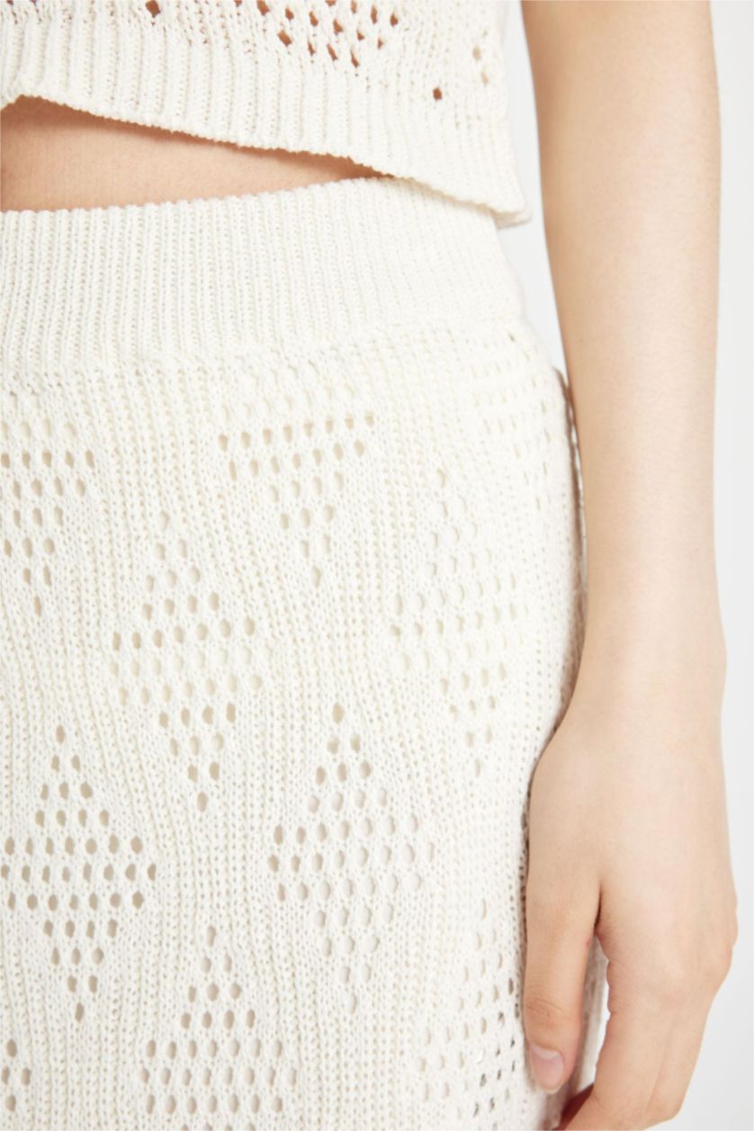 Kadın Ekru Astarlı Triko Kroşe Maxi Etek