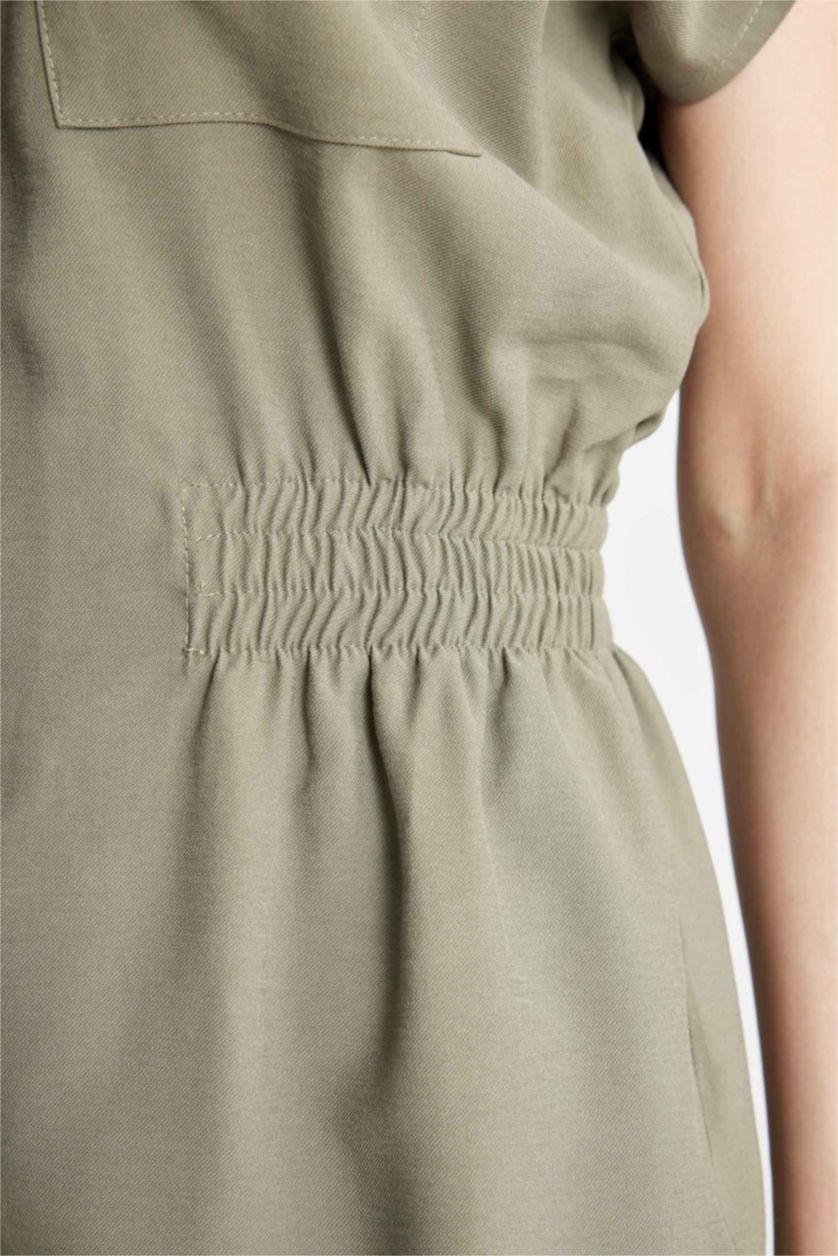 Kadın Haki Gömlek Yaka Tencel Kısa Kollu Tulum