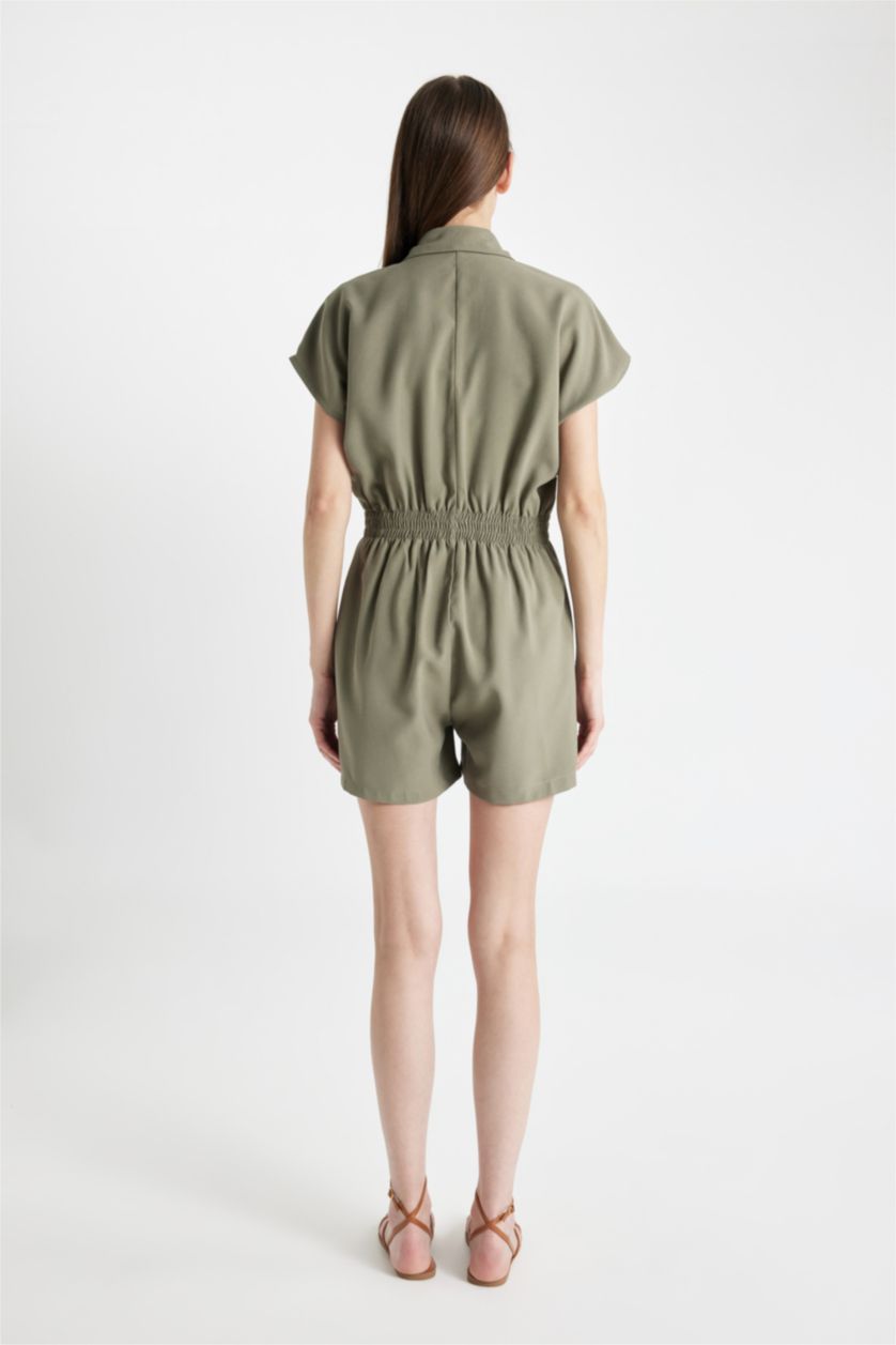 Kadın Haki Gömlek Yaka Tencel Kısa Kollu Tulum