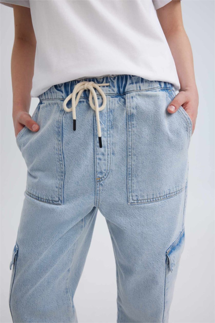 FEMME BLEU Clair Jogging Cargo en jean Taille Haute Longueur Cheville déavé