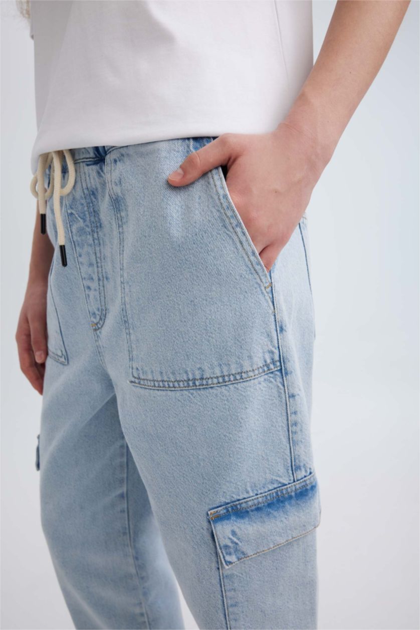 FEMME BLEU Clair Jogging Cargo en jean Taille Haute Longueur Cheville déavé