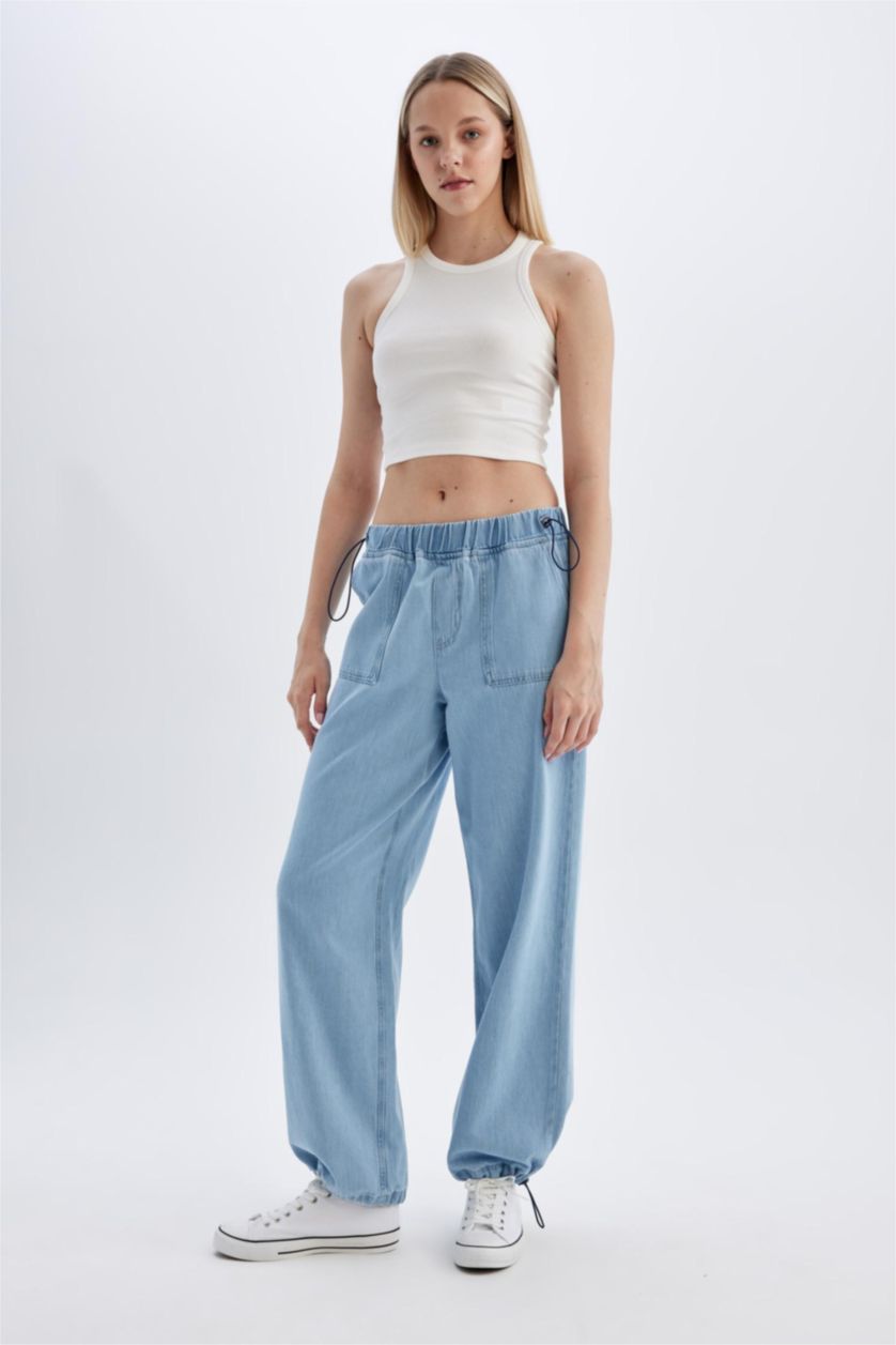 نساء أزرق فاتح بنطرون جينز كارجو طويل بخصر عالي