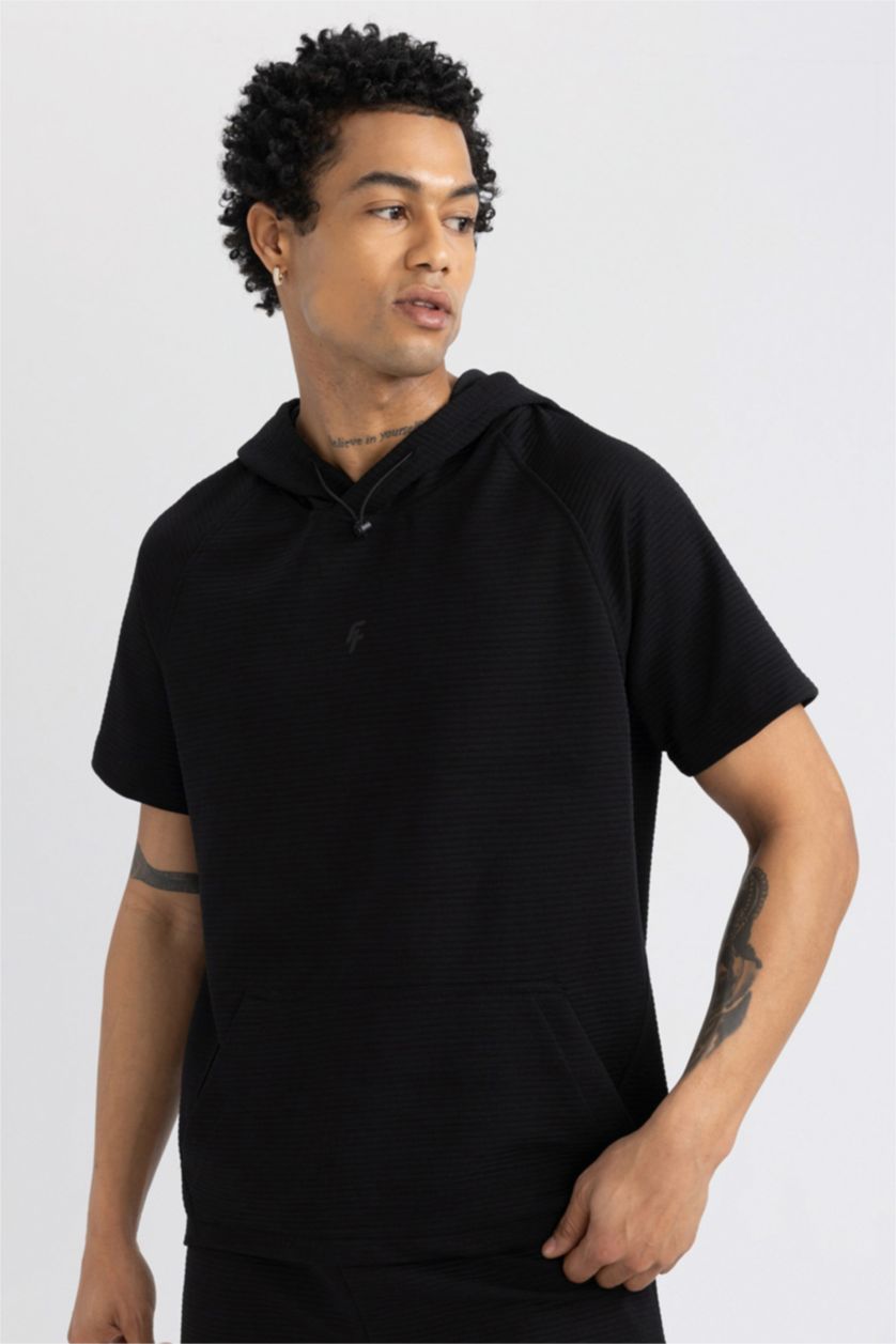Man Black DeFactoFit Standard Fit Hooded Short Sleeve T-Shirt