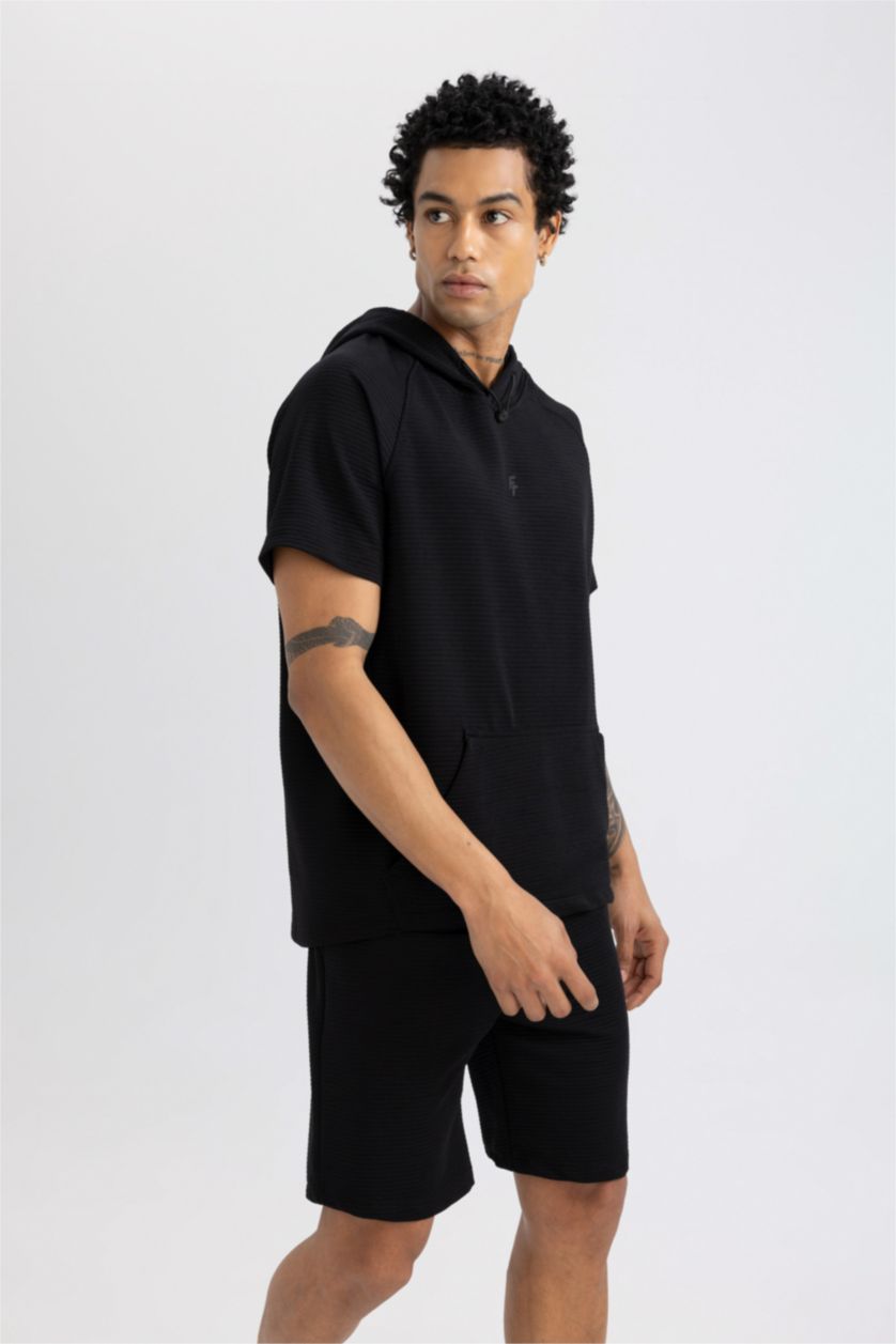 Man Black DeFactoFit Standard Fit Hooded Short Sleeve T-Shirt