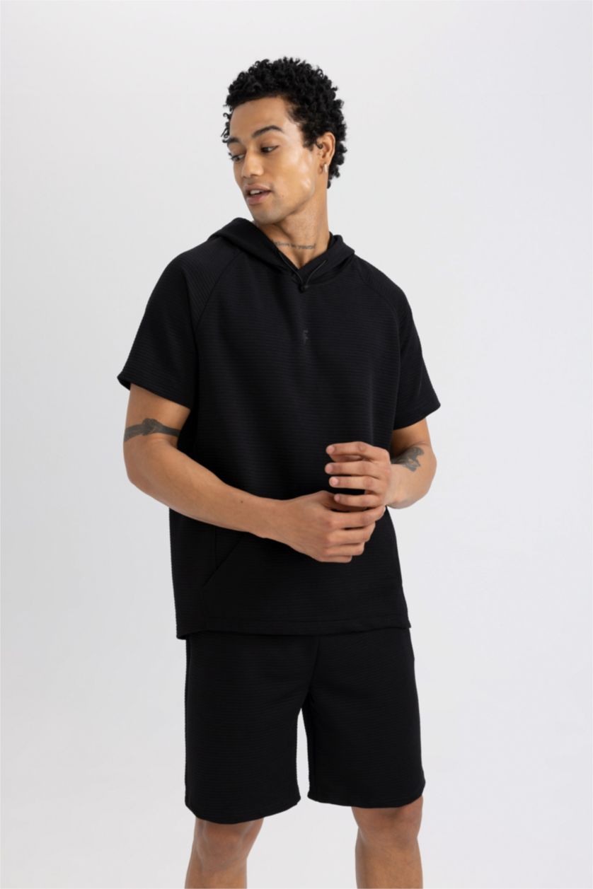 Man Black DeFactoFit Standard Fit Hooded Short Sleeve T-Shirt
