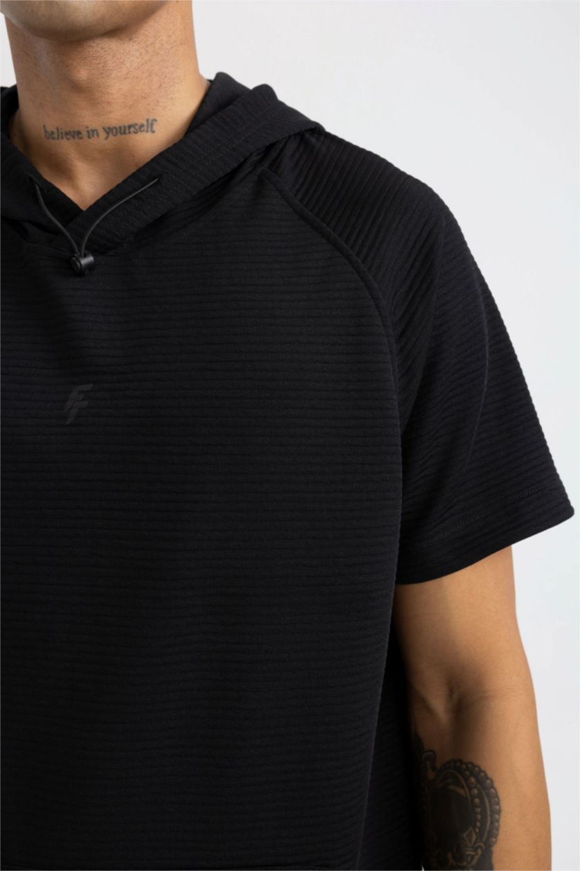 Man Black DeFactoFit Standard Fit Hooded Short Sleeve T-Shirt