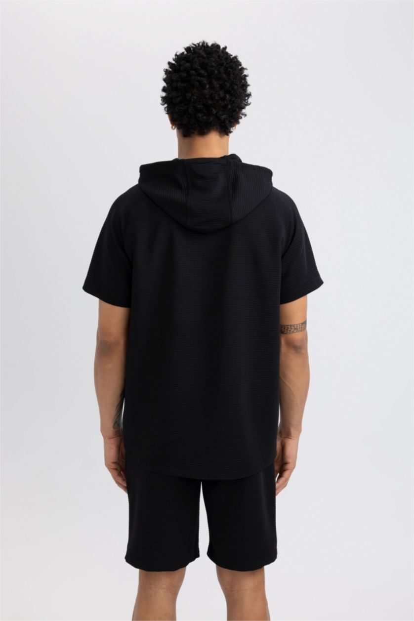 Man Black DeFactoFit Standard Fit Hooded Short Sleeve T-Shirt