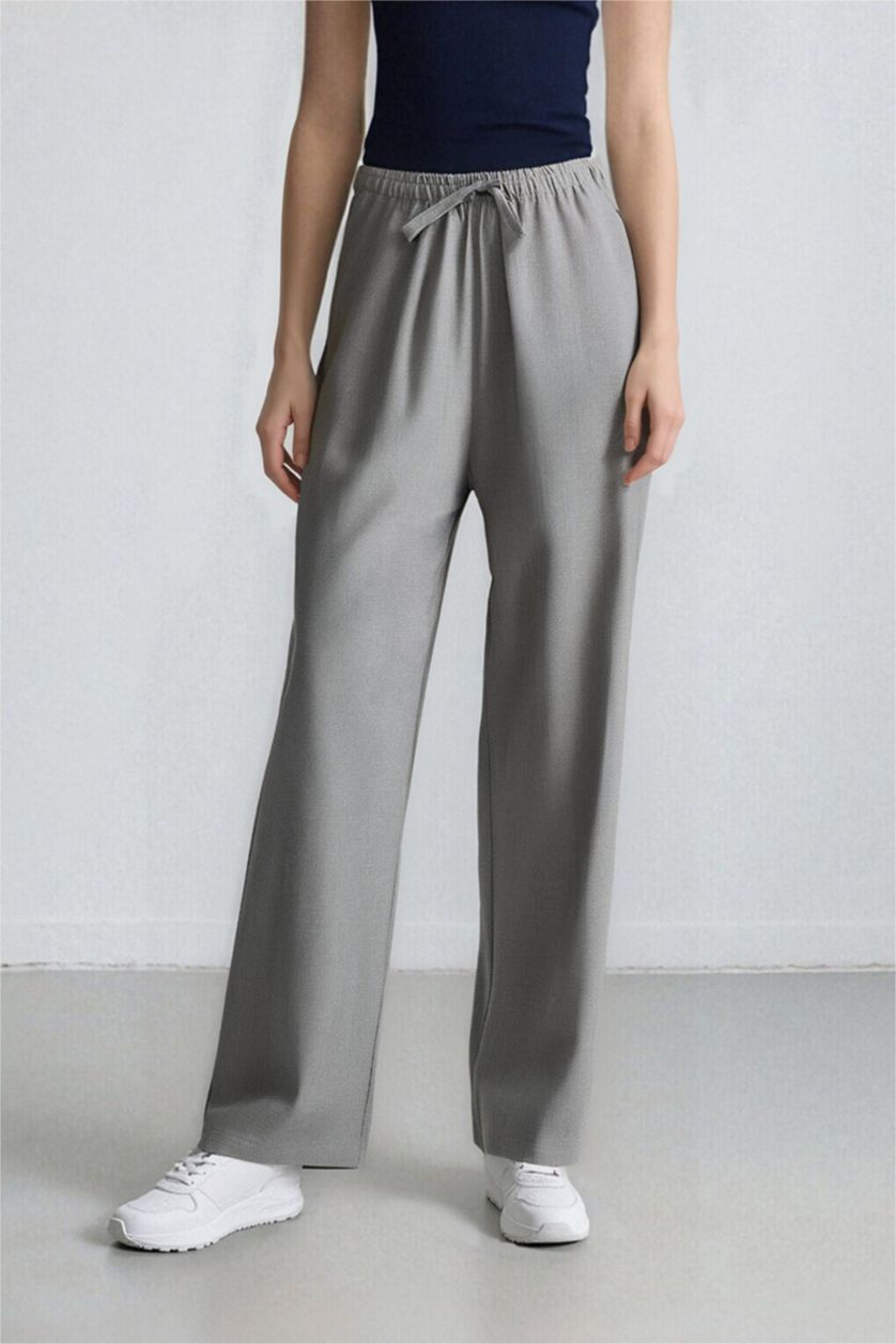 Woman Light Grey Elastic Waist Wide Leg Fabric Trousers