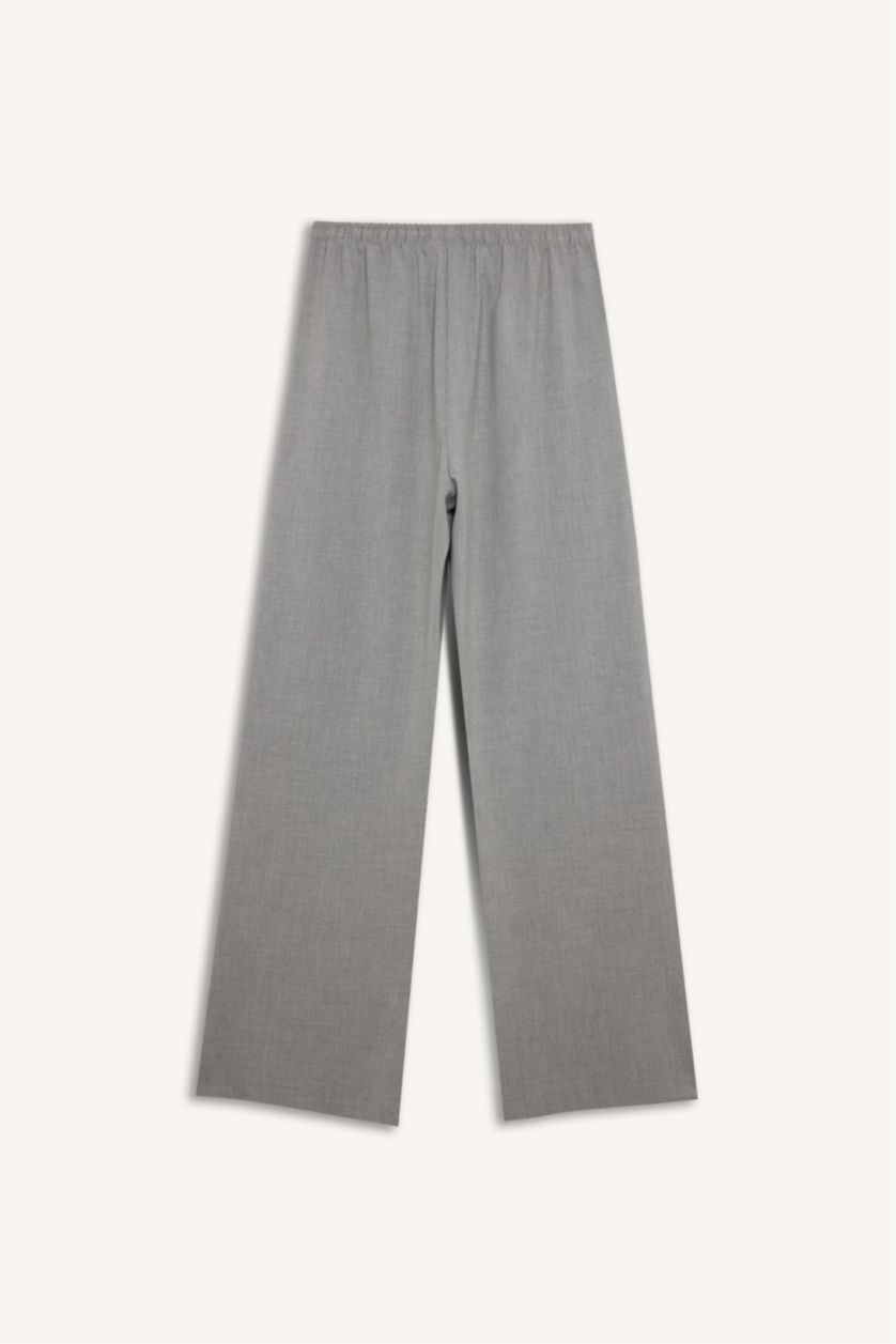 Woman Light Grey Elastic Waist Wide Leg Fabric Trousers