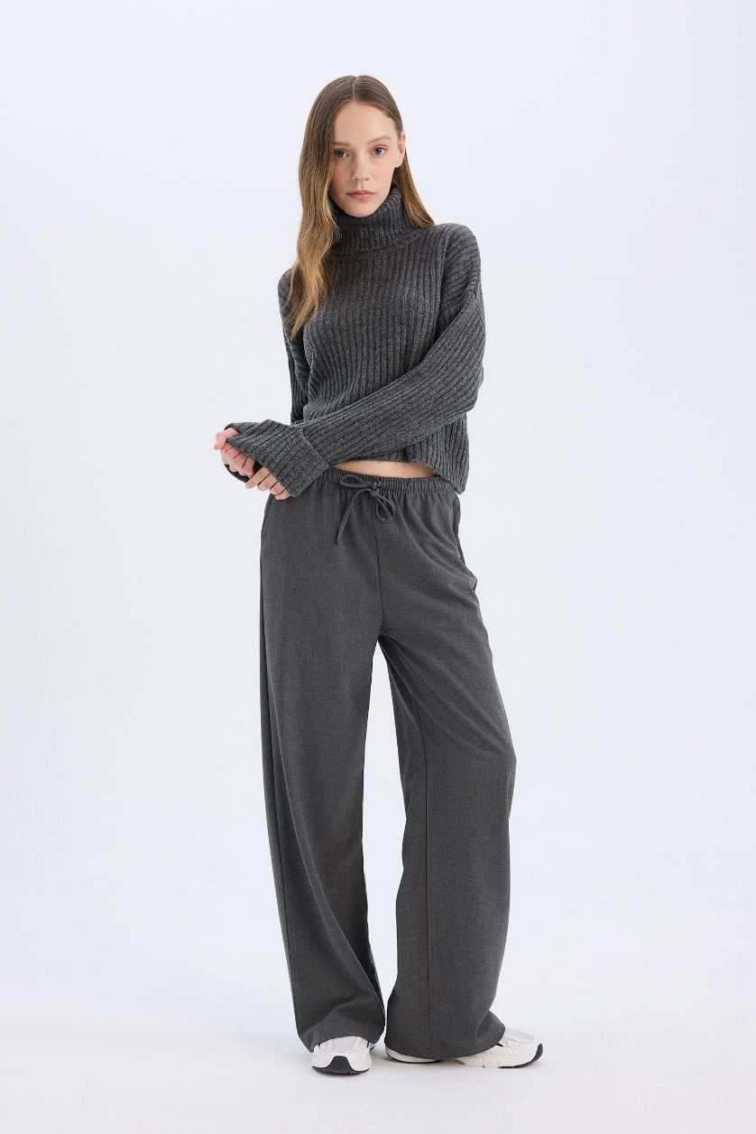 WOMAN Grey Normal Waist Wide Leg Trousers