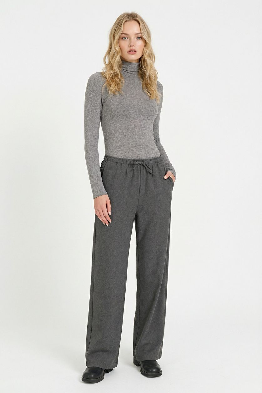 Kadın Antrasit Wide Leg Geniş Bol Paça Beli Lastikli Bağcıklı Cepli Kumaş Palazzo Pantolon 