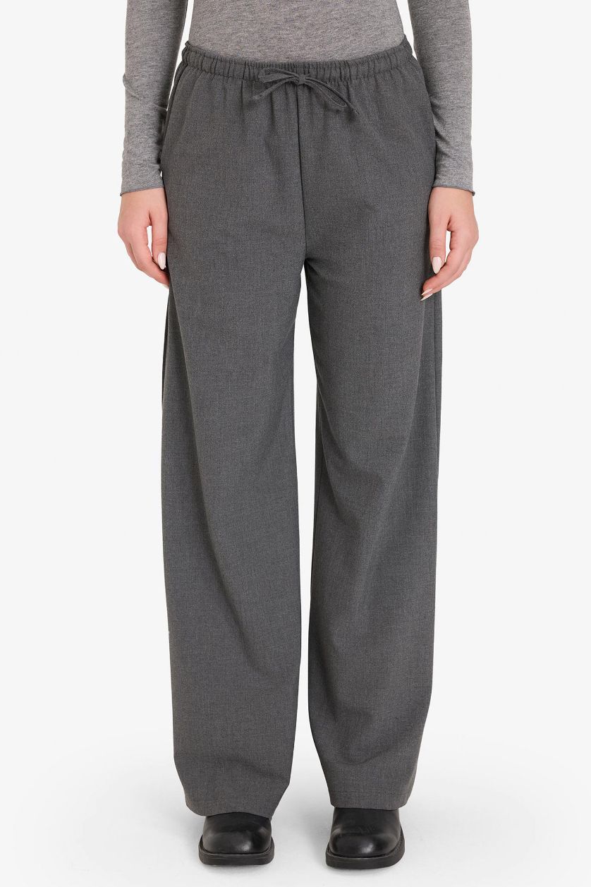 Kadın Antrasit Wide Leg Geniş Bol Paça Beli Lastikli Bağcıklı Cepli Kumaş Palazzo Pantolon 