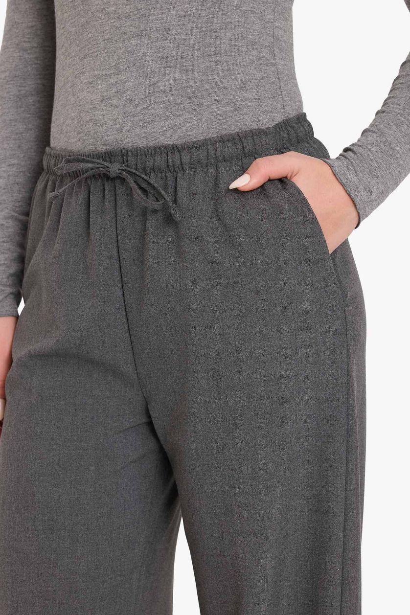 Kadın Antrasit Wide Leg Geniş Bol Paça Beli Lastikli Bağcıklı Cepli Kumaş Palazzo Pantolon 