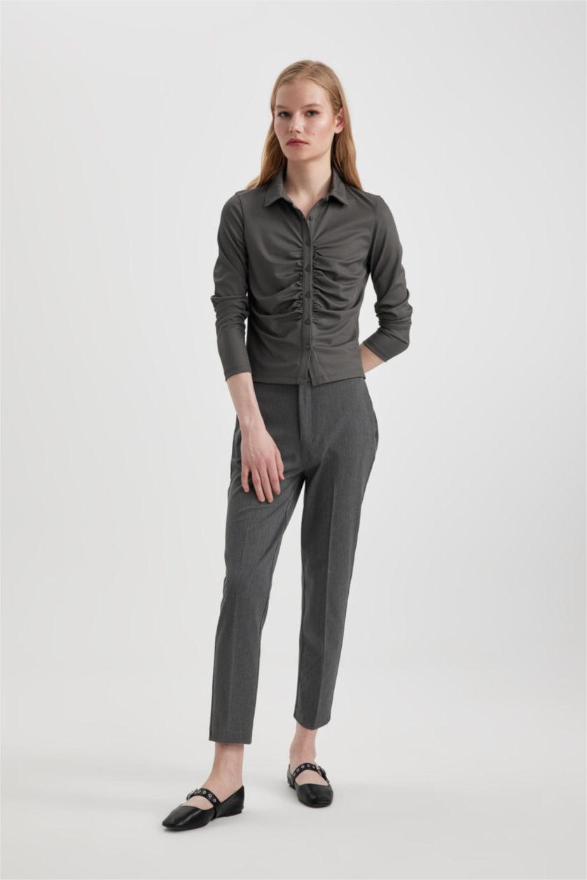 Kadın Antasit Melanj Klasik Chino Kumaş Pantolon Normal Bel Basic Düz Cepli Bilek Boy