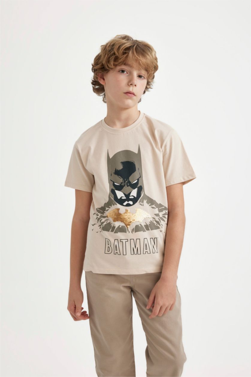 Erkek Çocuk - Genç Erkek Açık Taş Erkek Çocuk Batman Bisiklet Yaka Kısa Kollu Tişört