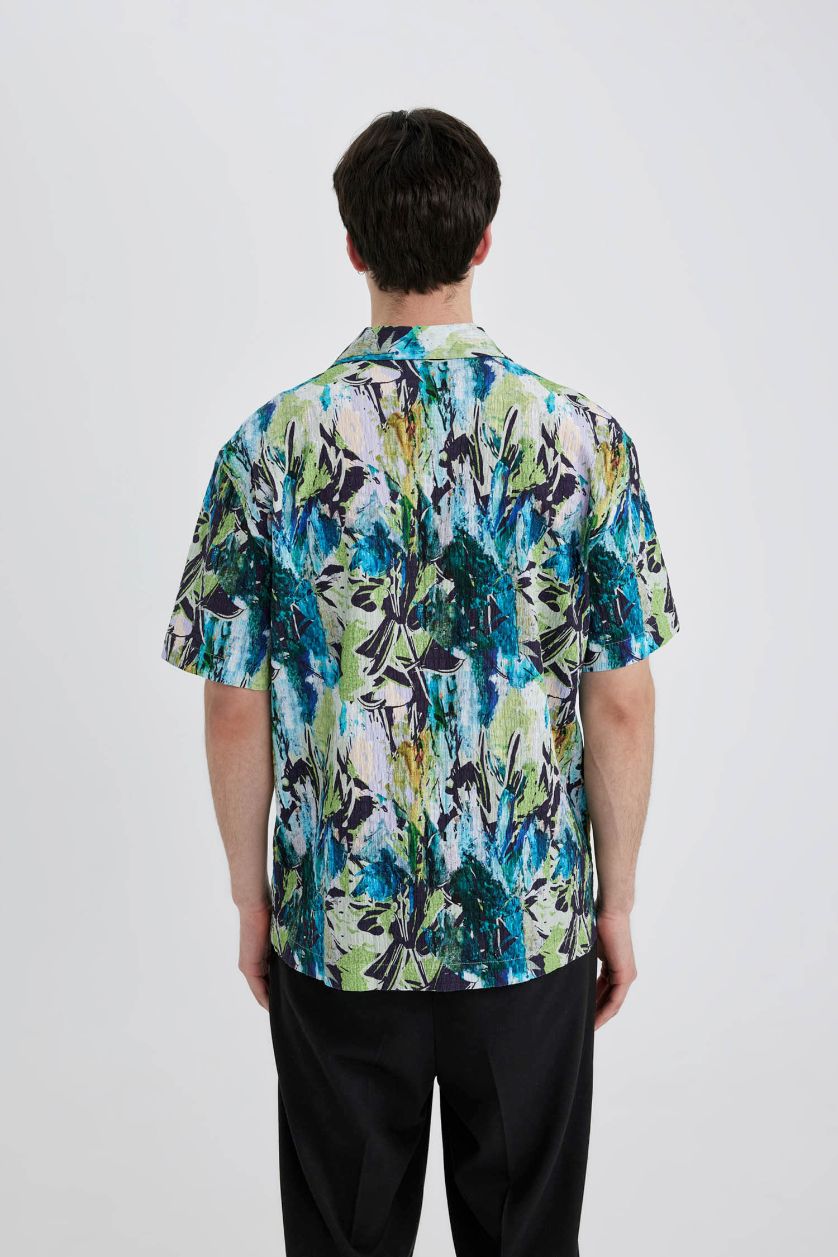 Erkek Yeşil Oversize Geniş Kalıp Yazlık Apaş Yaka Desenli Pamuklu Dokulu Kısa Kollu Gömlek