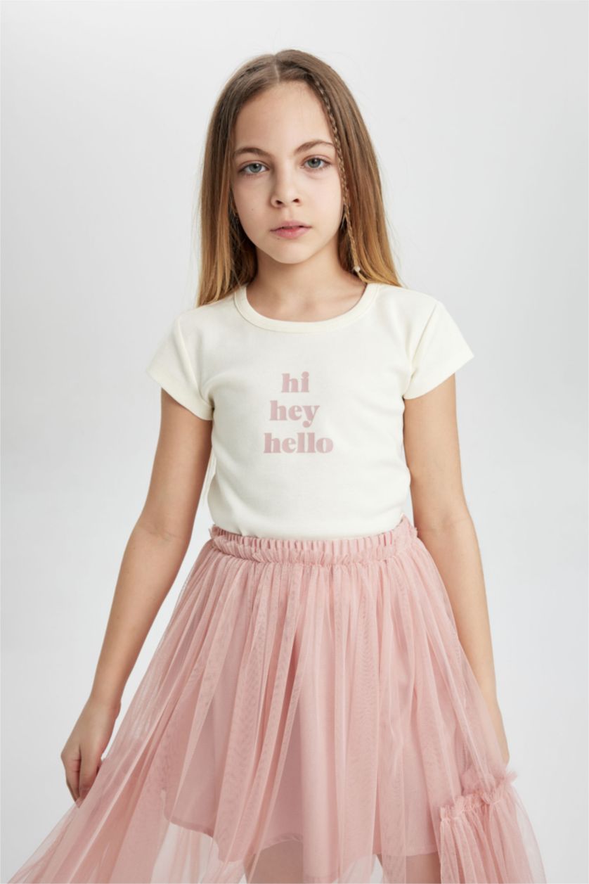 بنات بيج فاتح Girl Slim Fit Rib Printed Short Sleeve T-Shirt