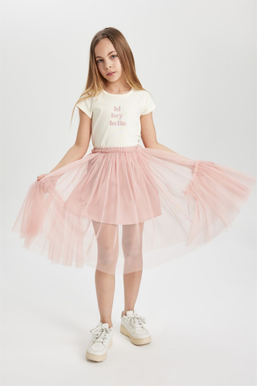 بنات بيج فاتح Girl Slim Fit Rib Printed Short Sleeve T-Shirt