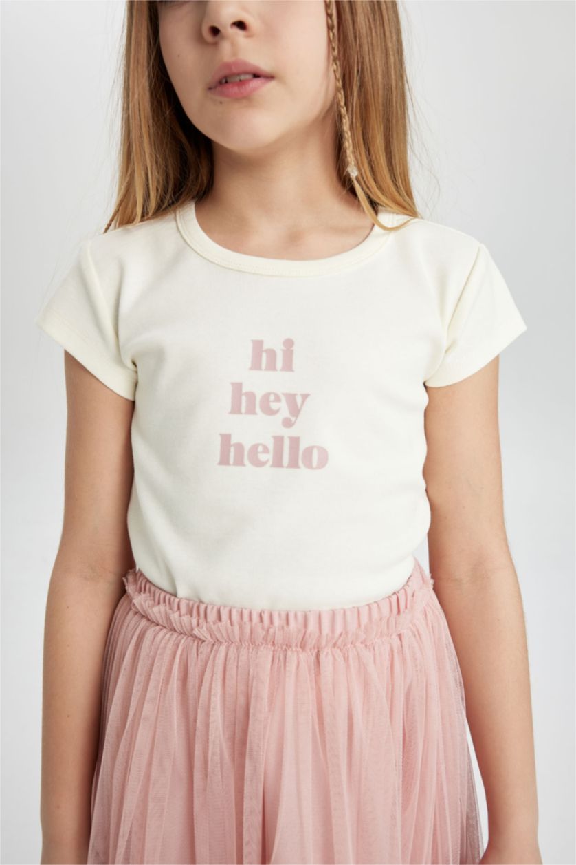 بنات بيج فاتح Girl Slim Fit Rib Printed Short Sleeve T-Shirt