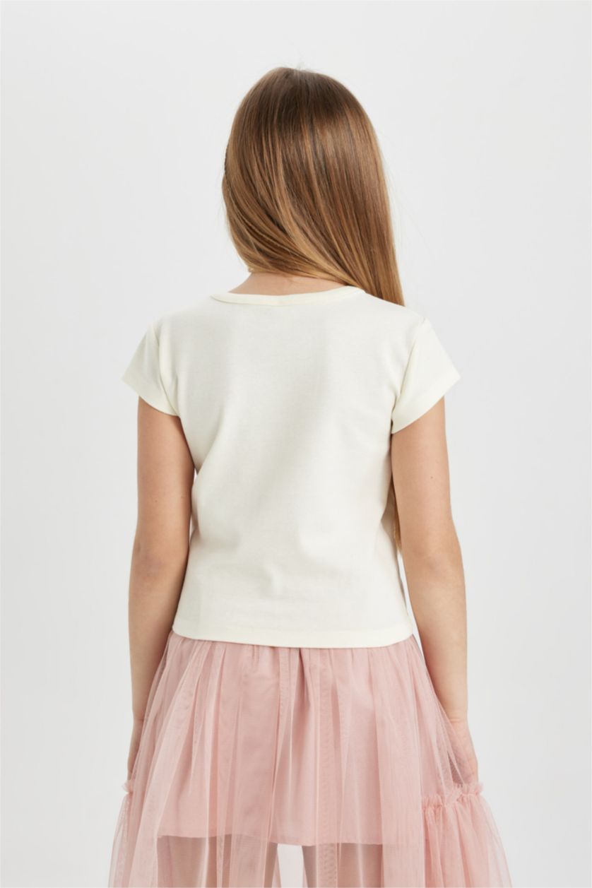 بنات بيج فاتح Girl Slim Fit Rib Printed Short Sleeve T-Shirt