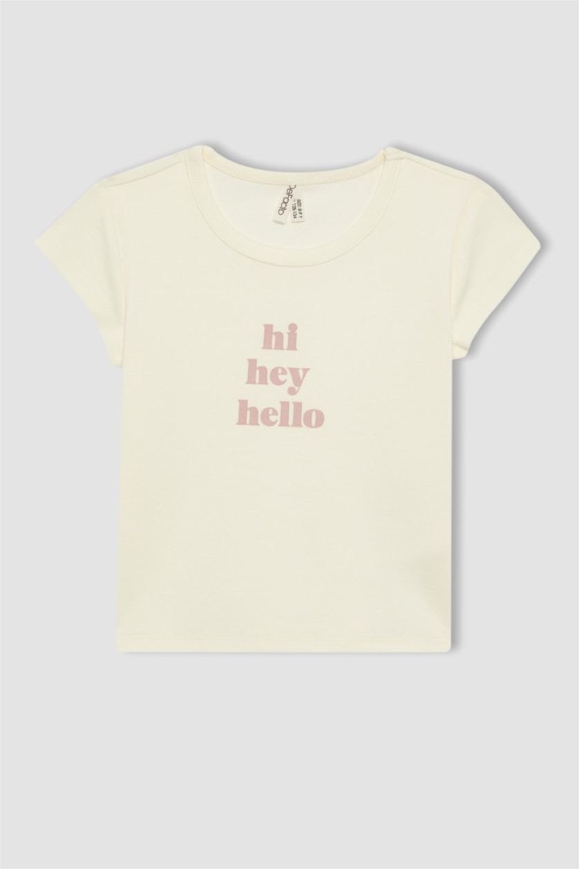 بنات بيج فاتح Girl Slim Fit Rib Printed Short Sleeve T-Shirt