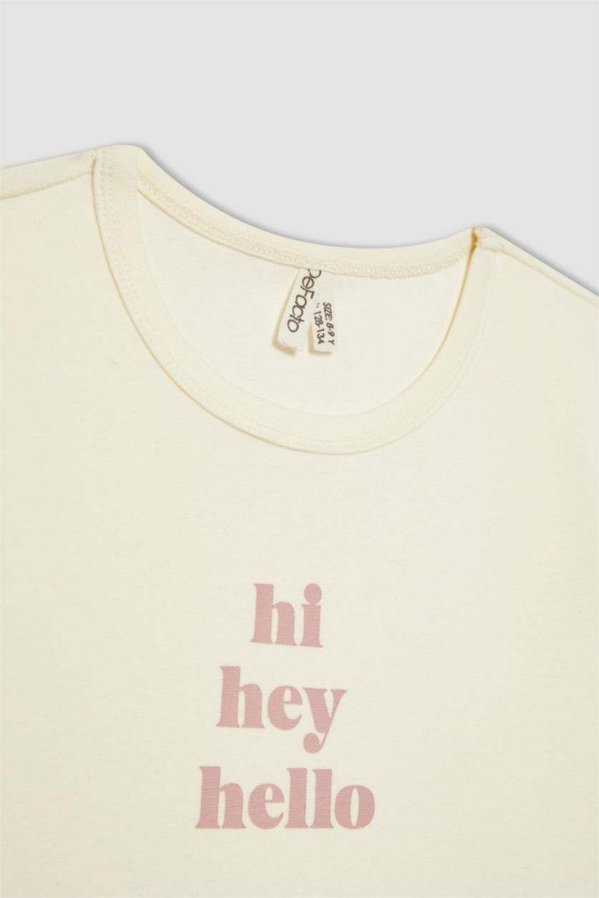 بنات بيج فاتح Girl Slim Fit Rib Printed Short Sleeve T-Shirt