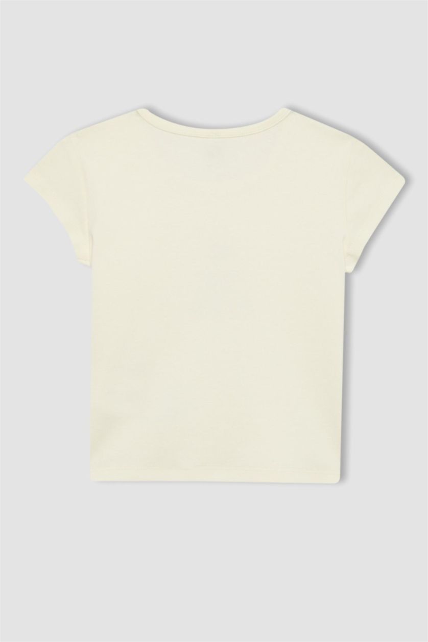 بنات بيج فاتح Girl Slim Fit Rib Printed Short Sleeve T-Shirt