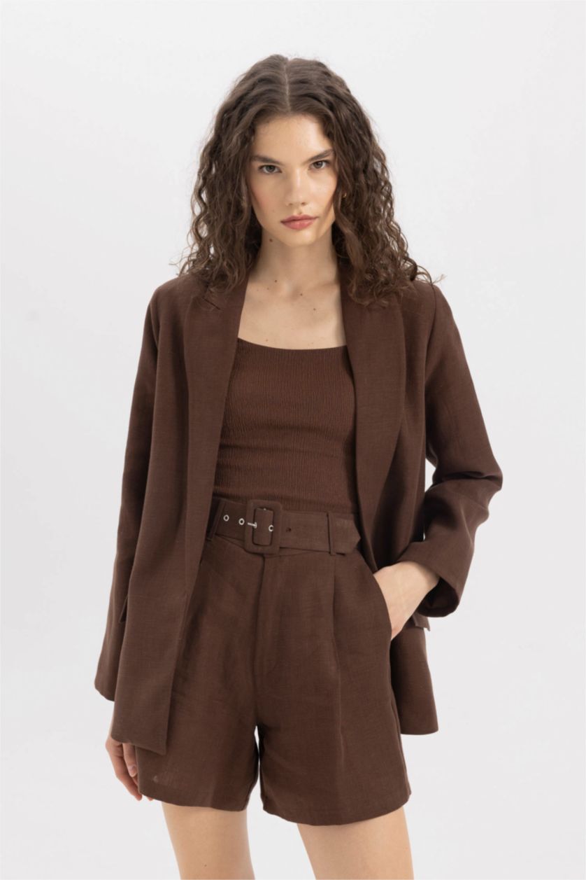 Woman Brown Oversize Fit Buttoned Basic Linen Blazer
