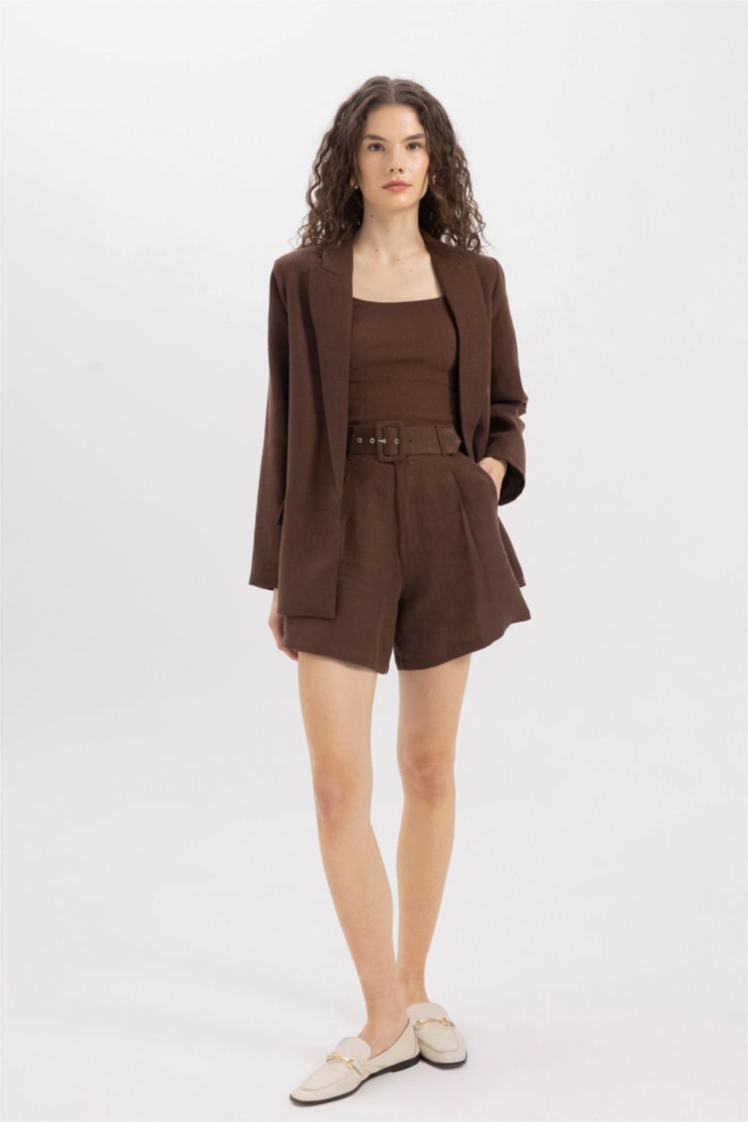 Woman Brown Oversize Fit Buttoned Basic Linen Blazer