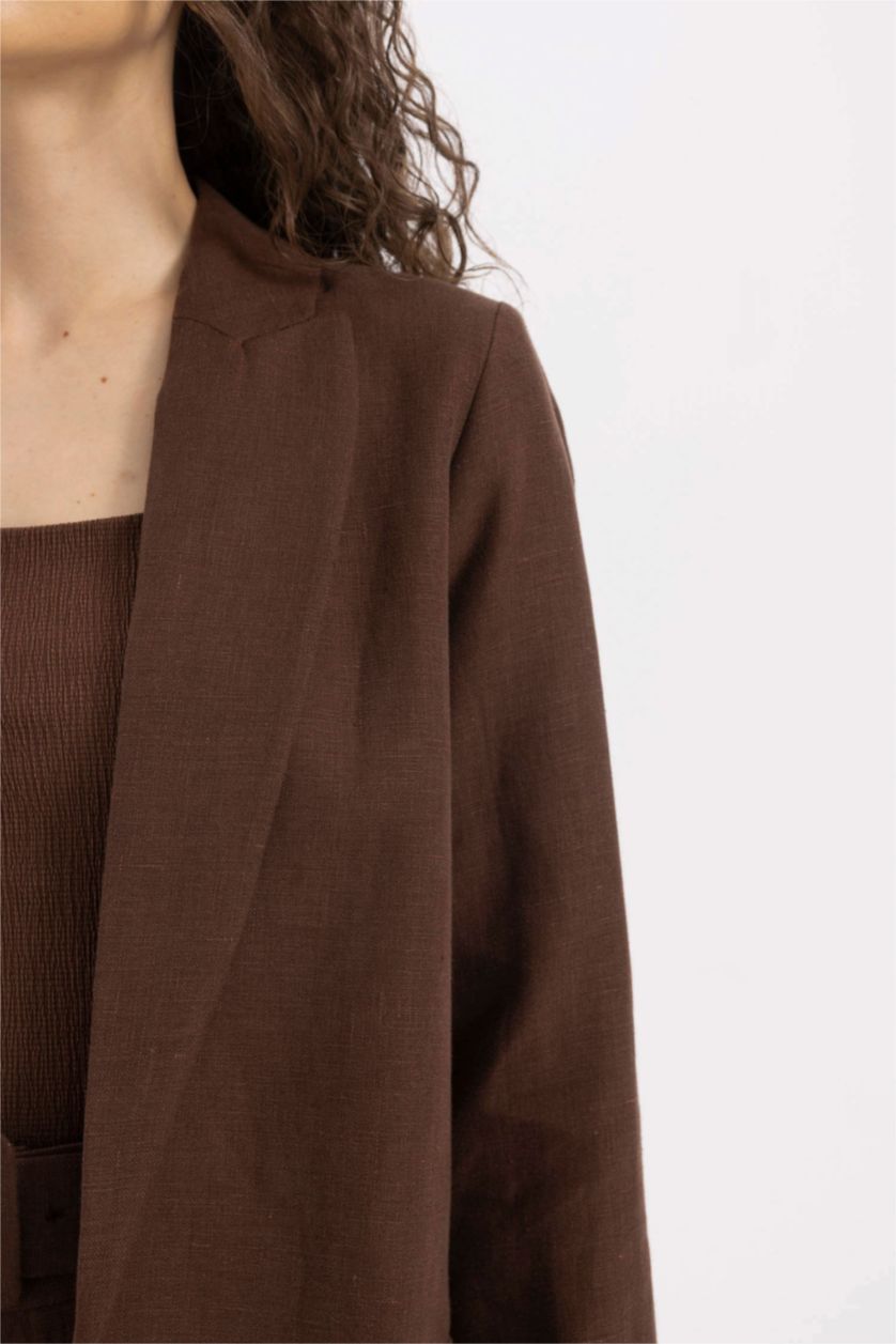 Woman Brown Oversize Fit Buttoned Basic Linen Blazer