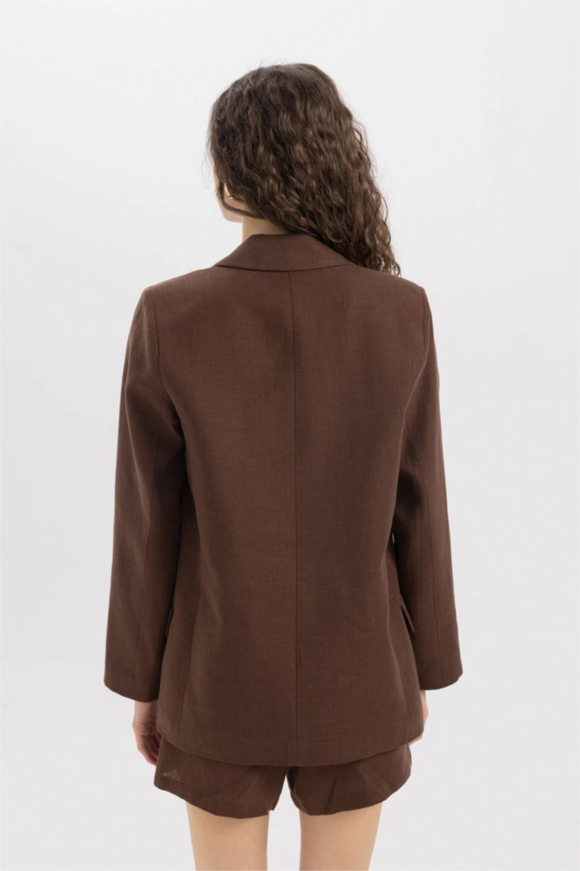 Woman Brown Oversize Fit Buttoned Basic Linen Blazer