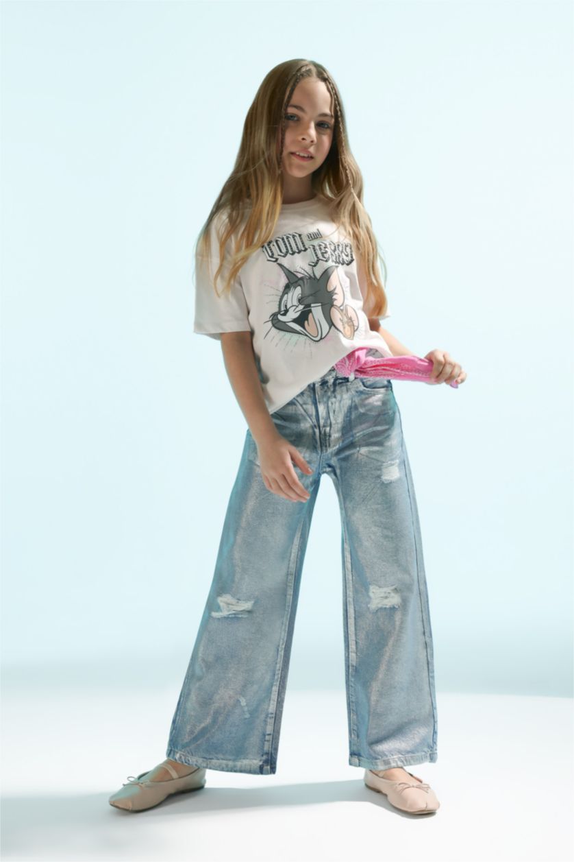 بناتي زهري فاتح تيشيرت بناتي نص كم اوفر سايز من توم وجيري