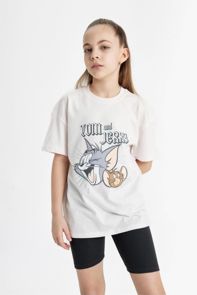 بناتي زهري فاتح تيشيرت بناتي نص كم اوفر سايز من توم وجيري