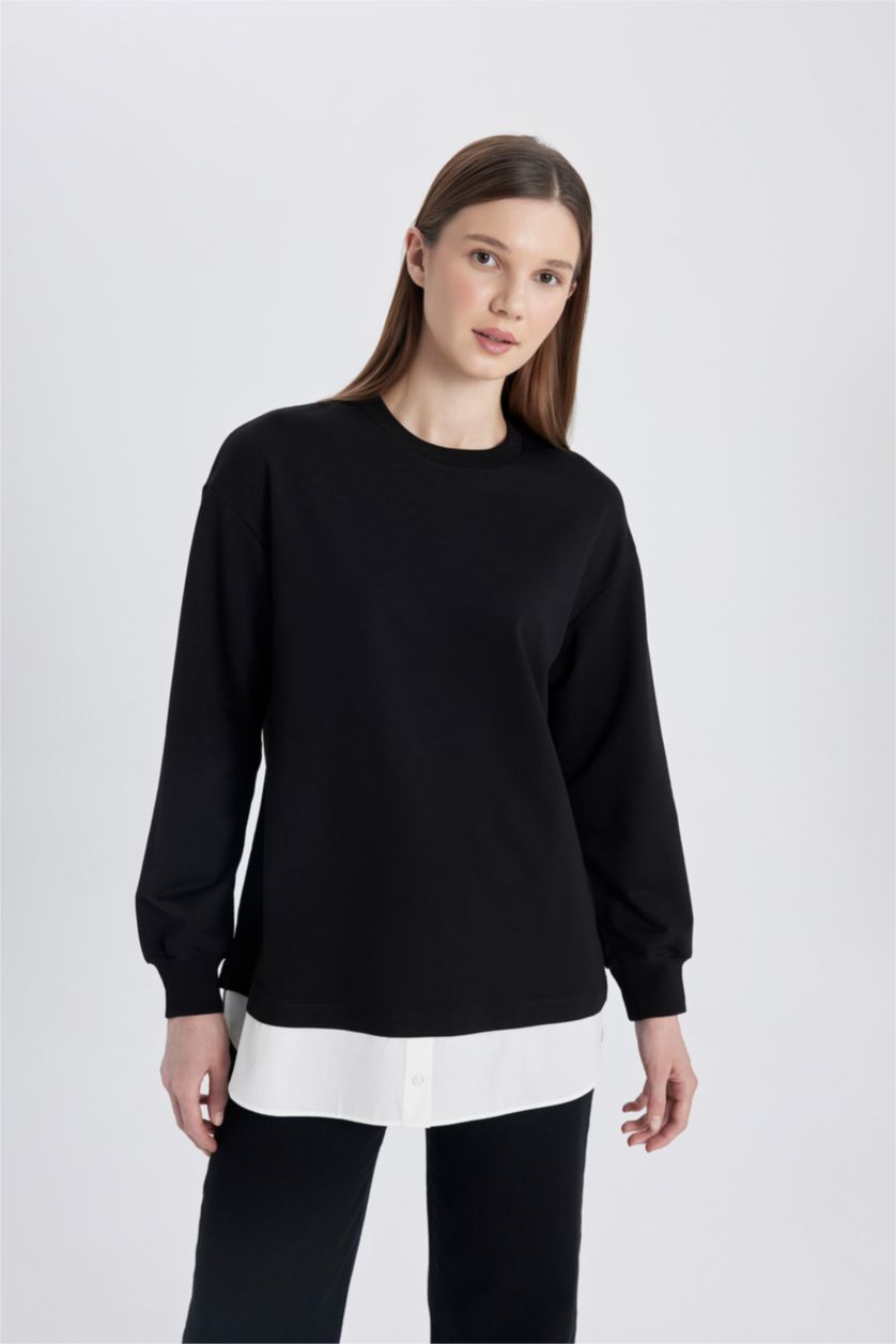 WOMAN Black Regular Fit Crew Neck Hem Detailed Sweatshirt Tunic