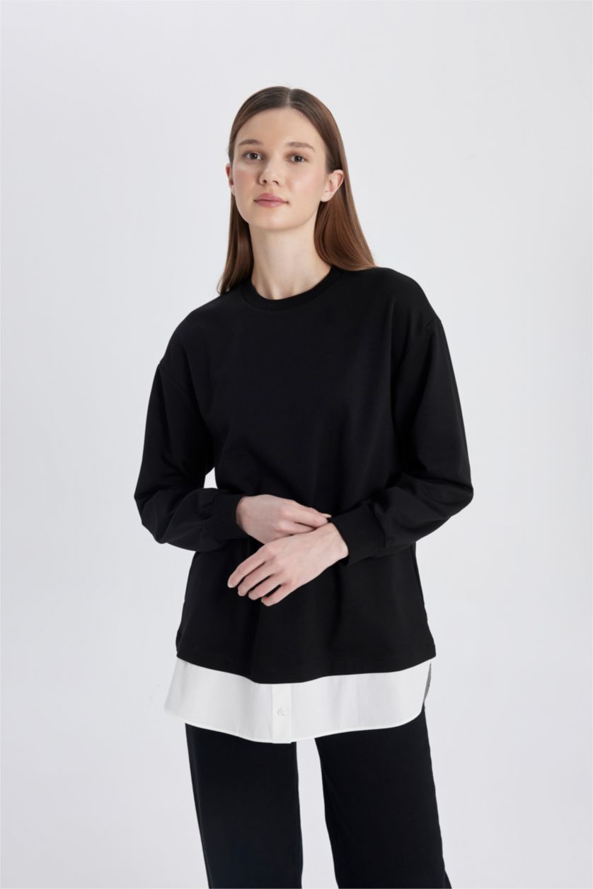 WOMAN Black Regular Fit Crew Neck Hem Detailed Sweatshirt Tunic