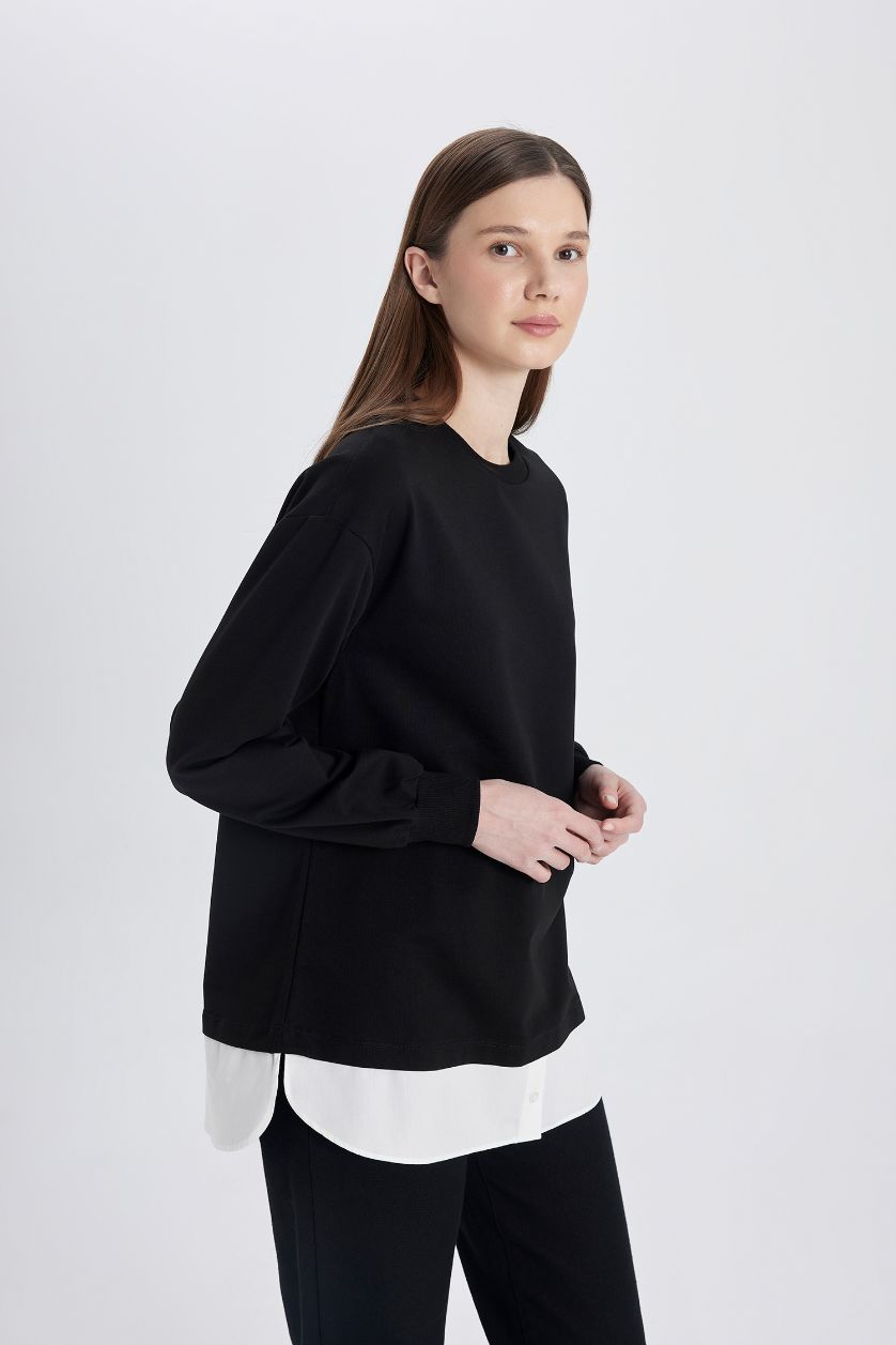 WOMAN Black Regular Fit Crew Neck Hem Detailed Sweatshirt Tunic