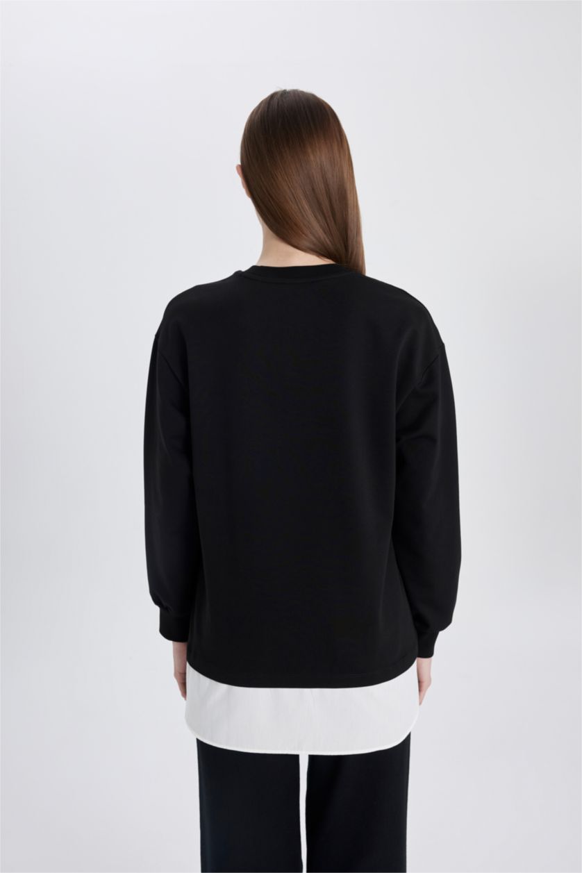 WOMAN Black Regular Fit Crew Neck Hem Detailed Sweatshirt Tunic