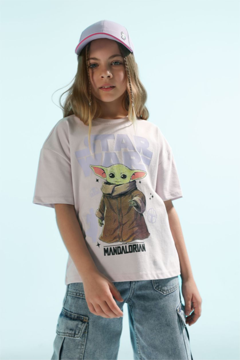 Kız Çocuk - Genç Kız Açık Pembe Star Wars-Mandalorıan Relax Fıt Bisiklet Yaka Kısa Kollu Tişört Kız Çocuk